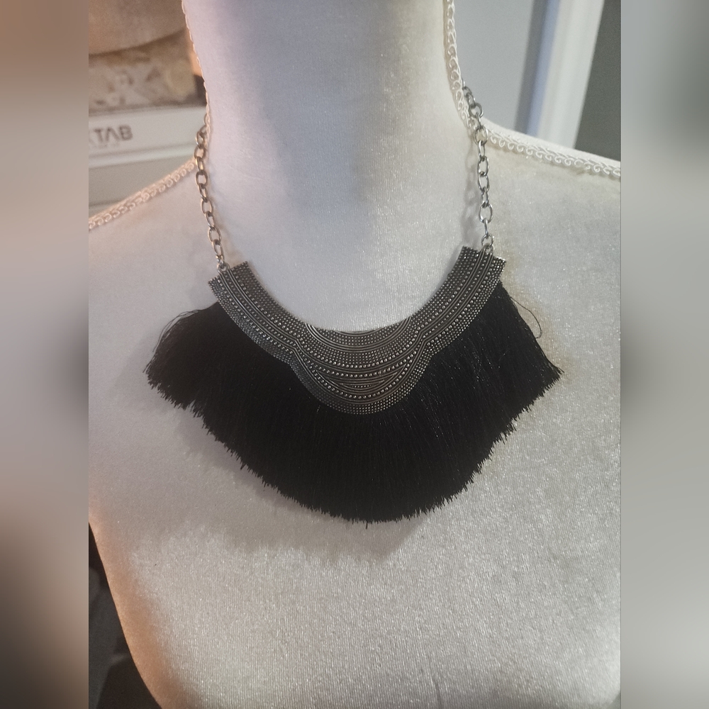 Black and silver fringe necklace